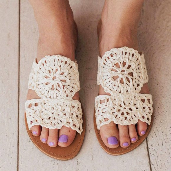 NEW Off White Crochet Lace Raffia Straw Slip On Slides Slippers Sandals Shoes - Picture 2 of 12